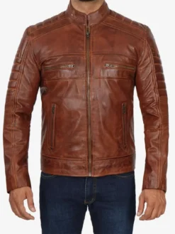 Mens Brown Leather Cafe Racer Jacket Main