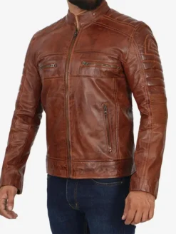 Mens Brown Leather Cafe Racer Jacket Side