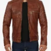 Mens Brown Leather Cafe Racer Jacket Zipper