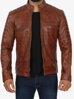 Mens Brown Leather Cafe Racer Jacket Zipper