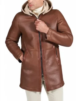 Mens Brown Leather Shearling Coat Main