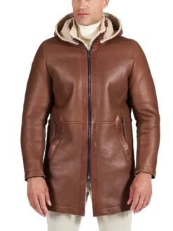 Mens Brown Leather Shearling Coat Pockets