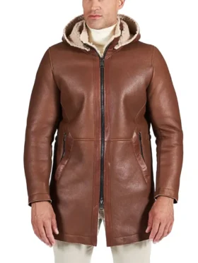 Men’s Brown Leather Shearling Coat Pockets
