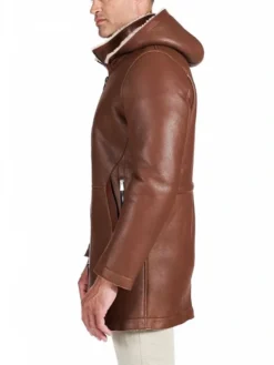 Mens Brown Leather Shearling Coat Side