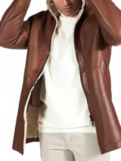 Mens Brown Leather Shearling Coat Zipper