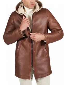 Mens Brown Leather Shearling Coat Zipper Closure