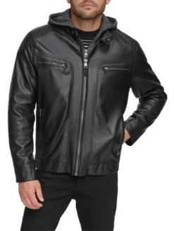 Mens Cafe Racer Black Hooded Leather Jacket Main