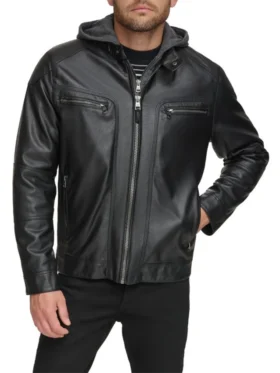 Mens Cafe Racer Black Hooded Leather Jacket Main