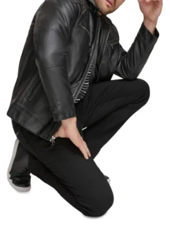 Mens Cafe Racer Black Hooded Leather Jacket Sitting
