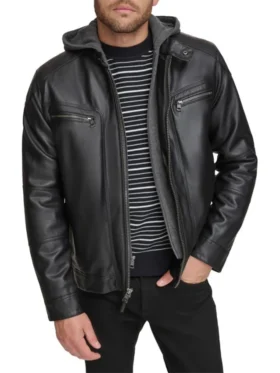 Mens Cafe Racer Black Hooded Leather Jacket Style