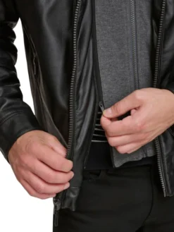 Mens Cafe Racer Black Hooded Leather Jacket Zipper