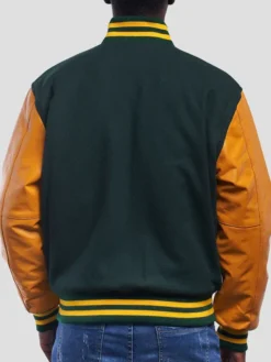 Mens Green And Yellow Lettermen Bomber Jacket Back