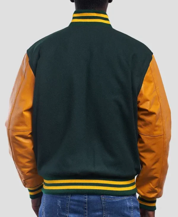 Mens Green And Yellow Lettermen Bomber Jacket Back