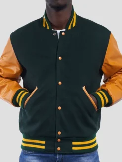 Mens Green And Yellow Lettermen Bomber Jacket Main