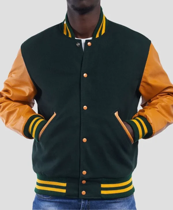 Mens Green And Yellow Lettermen Bomber Jacket Main