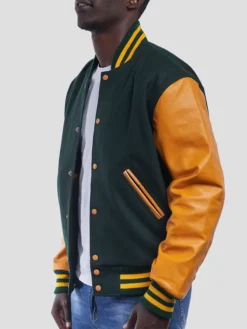Mens Green And Yellow Lettermen Bomber Jacket Side