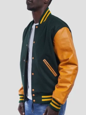Mens Green And Yellow Lettermen Bomber Jacket Side