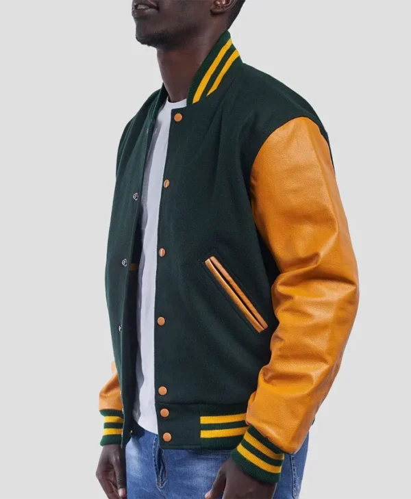 Mens Green And Yellow Lettermen Bomber Jacket Side