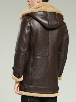 Mens Leather Brown Shearling Coat Back