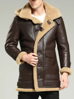 Mens Leather Brown Shearling Coat Buttoned