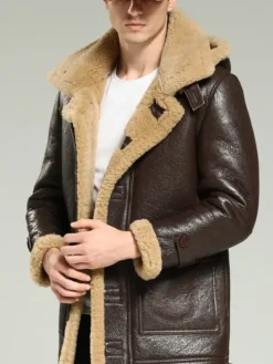 Mens Leather Brown Shearling Coat Closure