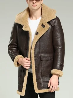 Mens Leather Brown Shearling Coat Main