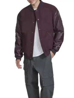 Mens Maroon Lettermen Bomber Jacket Stand Up