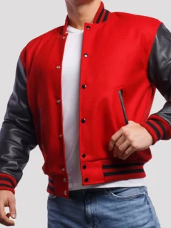 Mens Red Leather Varsity Lettermen Jacket Buttoned