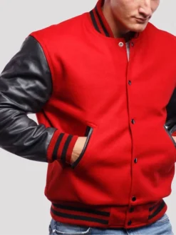 Mens Red Leather Varsity Lettermen Jacket Pocket