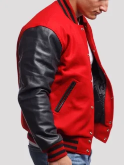 Mens Red Leather Varsity Lettermen Jacket Sleeves