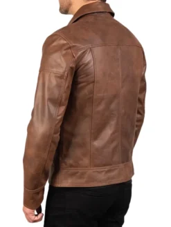 Mens Reeves Brown Drop Down Collar Leather Biker Jacket Back