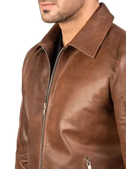 Mens Reeves Brown Drop Down Collar Leather Biker Jacket Collar