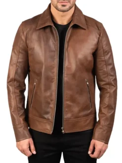 Mens Reeves Brown Drop Down Collar Leather Biker Jacket Main