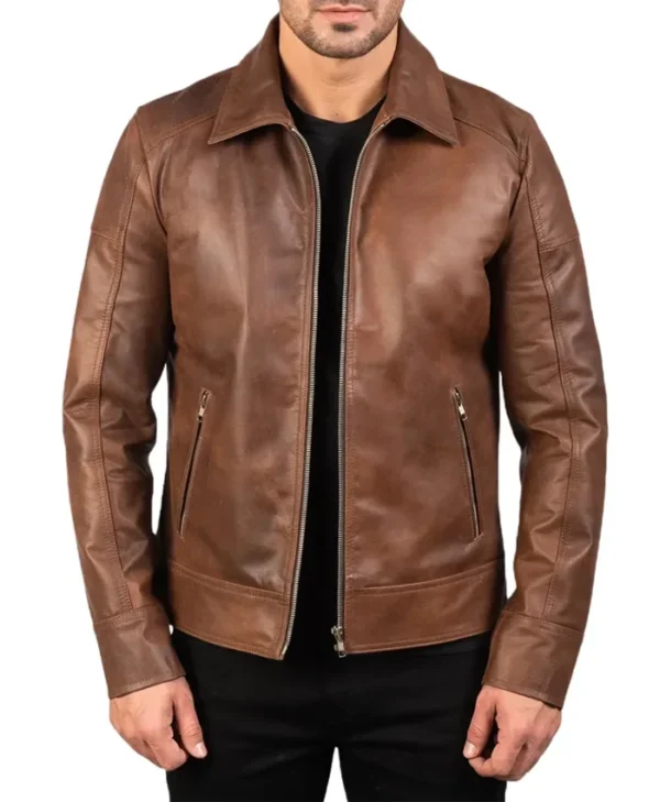 Mens Reeves Brown Drop Down Collar Leather Biker Jacket Main
