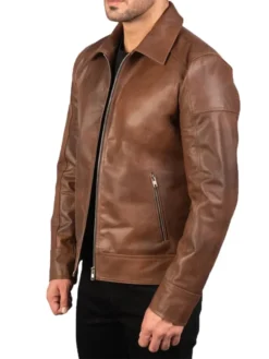 Mens Reeves Brown Drop Down Collar Leather Biker Jacket Side