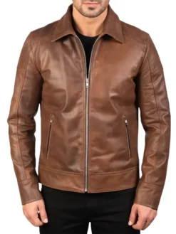 Mens Reeves Brown Drop Down Collar Leather Biker Jacket Zipper