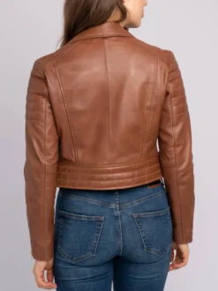 Merry Asymmetrical Brown Leather Moto Jacket Back