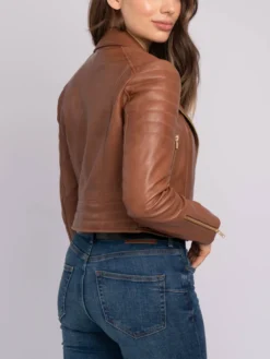Merry Asymmetrical Brown Leather Moto Jacket Backside