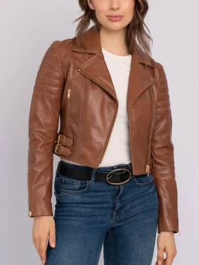 Merry Asymmetrical Brown Leather Moto Jacket Front
