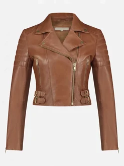 Merry Asymmetrical Brown Leather Moto Jacket Main