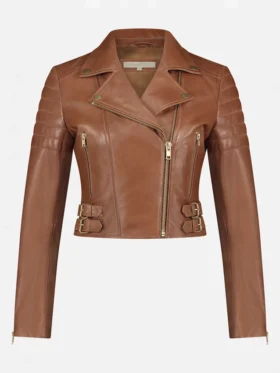 Merry Asymmetrical Brown Leather Moto Jacket Main