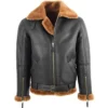 RAF Black B3 Bomber Brown Shearling Jacket Closure