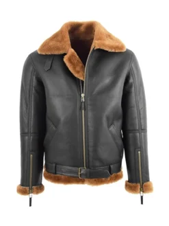 RAF Black B3 Bomber Brown Shearling Jacket Closure