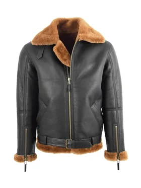 RAF Black B3 Bomber Brown Shearling Jacket Closure