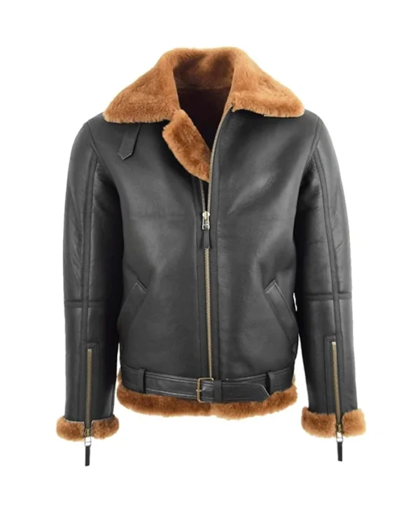 RAF Black B3 Bomber Brown Shearling Jacket Closure