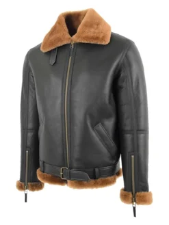 RAF Black B3 Bomber Brown Shearling Jacket Side