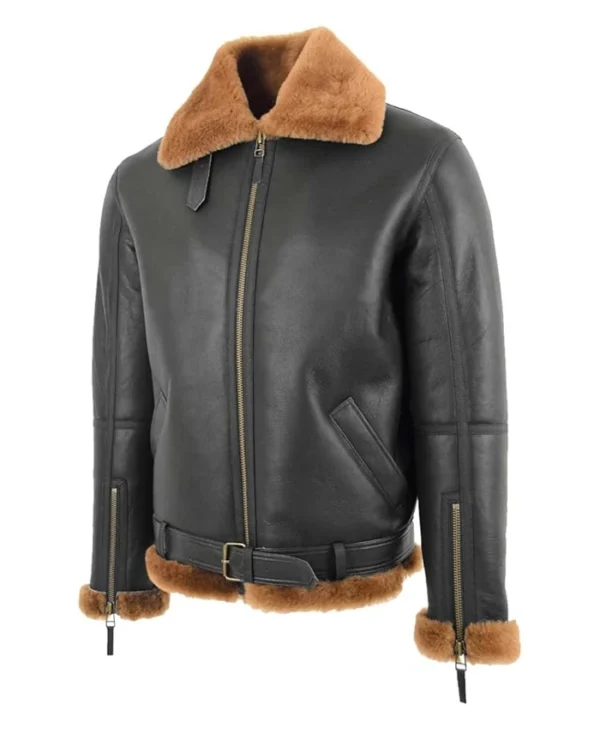 RAF Black B3 Bomber Brown Shearling Jacket Side