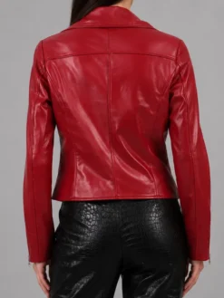 Red Ladies Leather Bike Jackets With Asymmetrical Collar Back