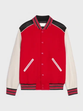 Red Triple Color Rib Color Lettermen Varsity Jacket