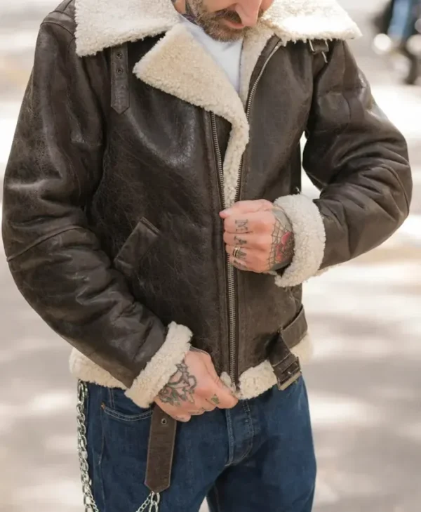 Rocky IV Sylvester Shearling Leather Bomber Jacket Zipper
